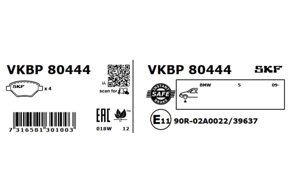 Jeu de 4 plaquettes de frein SKF ref. VKBP 80444
